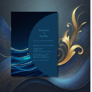 Golden Accented Abstract Ocean Waves wedding Invitation