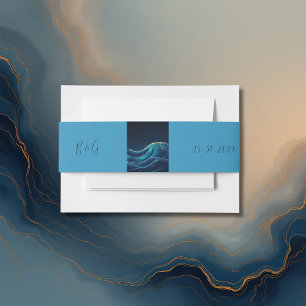 Golden Accented Abstract Ocean Waves wedding Invitation Belly Band
