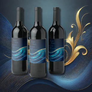 Golden Accented Abstract Ocean Waves wedding Wine Label