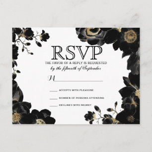 Golden Accented Black Floral RSVP Postcards