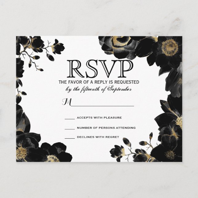 Golden Accented Black Floral RSVP Postcards (Front)