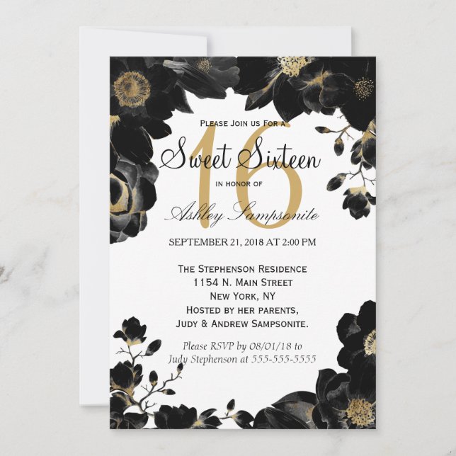 Golden Accented Black Floral Sweet 16 Invitations (Front)