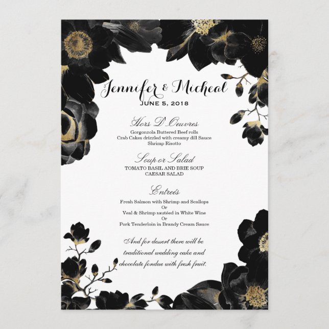 Golden Accented Black Floral Wedding Menu (Front)