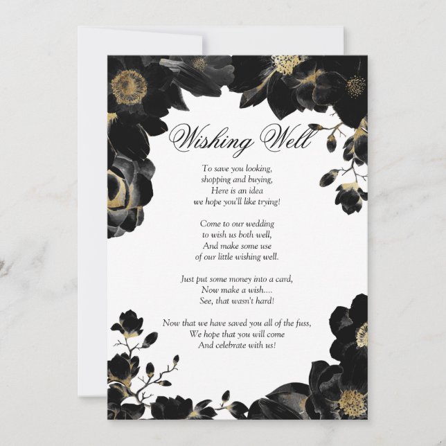 Golden Accented Black Floral Wishing Well Invitation (Front)