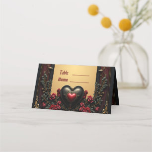 Golden accents, red roses, and a heart: place card