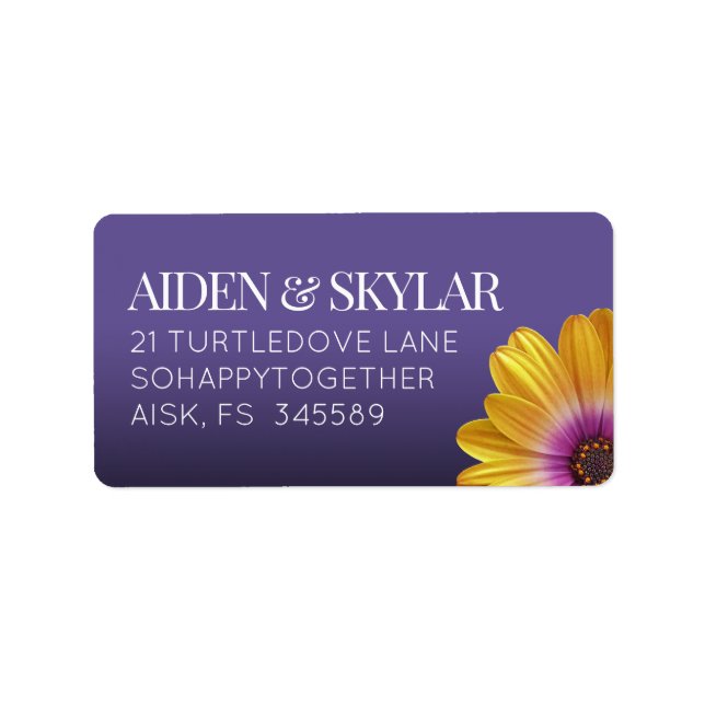 Golden African Daisy on Purple Background Wedding Label (Front)