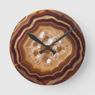 Golden Agate Geode Quartz Crystal Closeup Round Clock