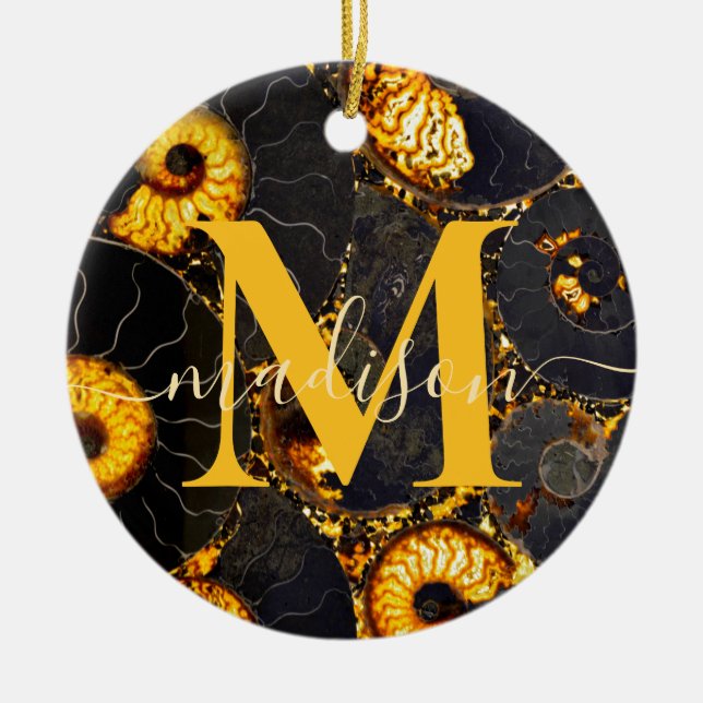 Golden Amber black Nautilus shell pattern, fossil  Ceramic Tree Decoration (Front)