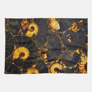 Golden Amber black Nautilus shell pattern, fossil  Tea Towel