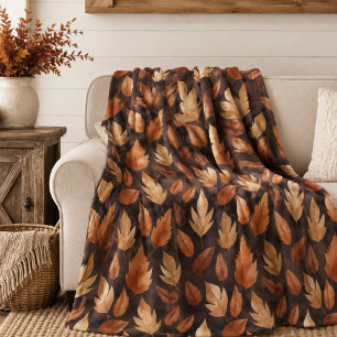 Golden Amber Brown Autumn Leaves Pattern Fleece Blanket