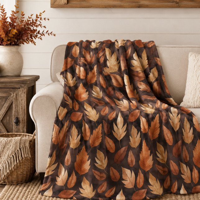 Golden Amber Brown Autumn Leaves Pattern Fleece Blanket (Creator Uploaded)