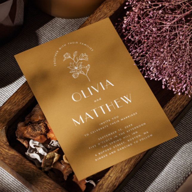 Golden Amber Floral Minimalist Wedding. QR & Photo Invitation (Creator Uploaded)