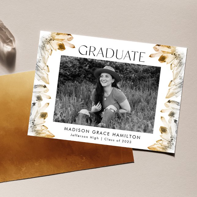 Golden Amber Watercolor Crystals Photo Graduation Announcement (Creator Uploaded)