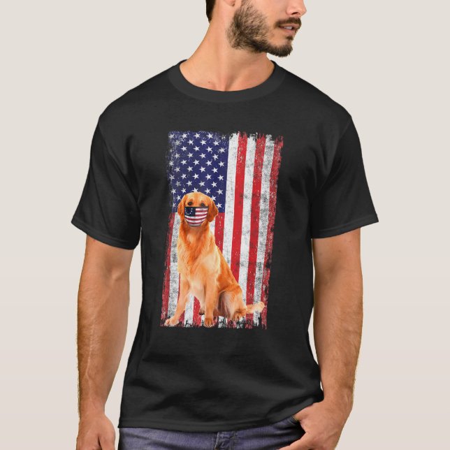 Golden American Flag Dog Wears Face Mask 4th Of Ju T-Shirt (Front)