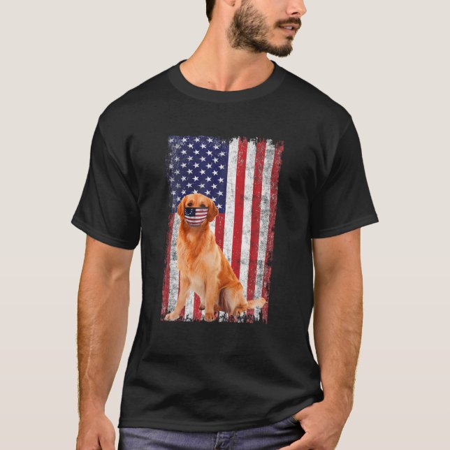 Golden American Flag Dog Wears Face Mask 4Th Of Ju T-Shirt (Front)
