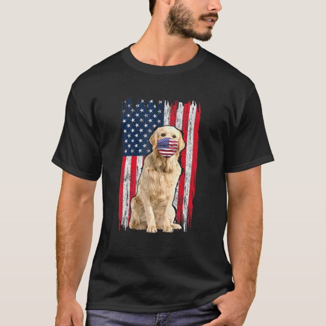 Golden American Flag Dog Wears Face Mask 4th Of Ju T-Shirt (Front)