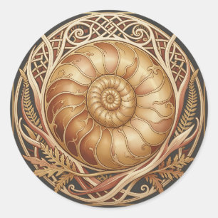 Golden Ammonite Fossil Celtic Frame Ornate Pattern Classic Round Sticker