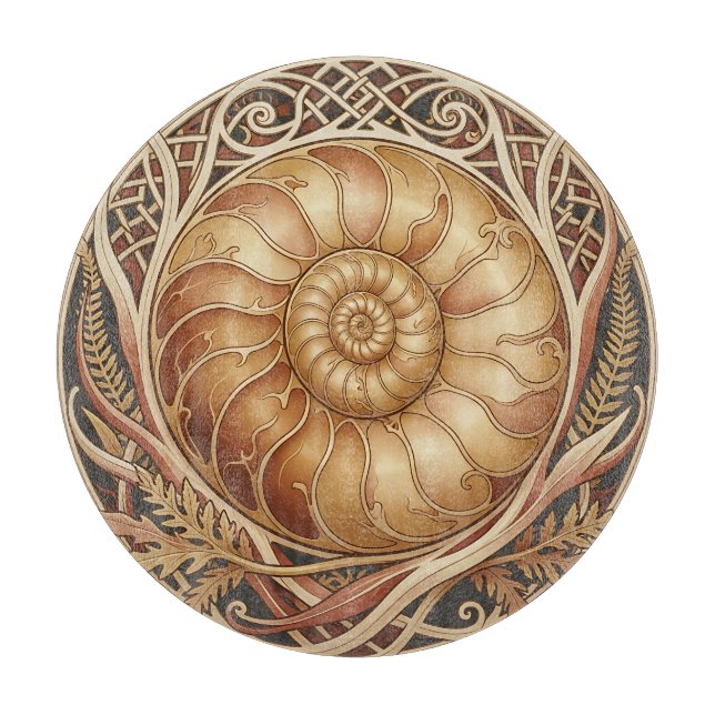 Golden Ammonite Fossil Celtic Frame Ornate Pattern Cutting Board (Front)