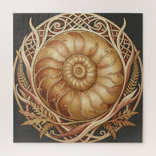 Golden Ammonite Fossil Celtic Frame Ornate Pattern Jigsaw Puzzle