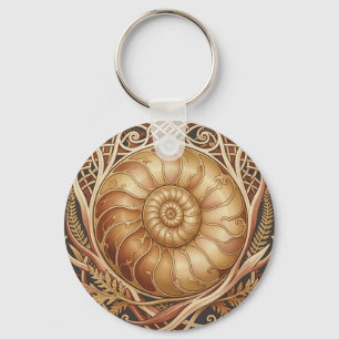 Golden Ammonite Fossil Celtic Frame Ornate Pattern Key Ring