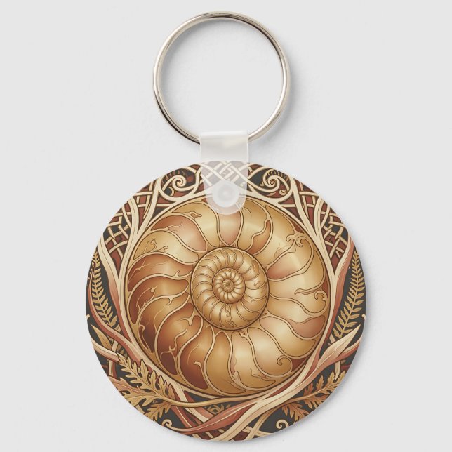 Golden Ammonite Fossil Celtic Frame Ornate Pattern Key Ring (Front)