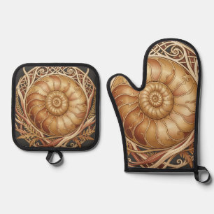 Golden Ammonite Fossil Celtic Frame Ornate Pattern Oven Mitt & Pot Holder Set
