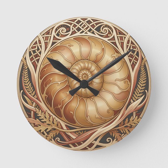 Golden Ammonite Fossil Celtic Frame Ornate Pattern Round Clock (Front)