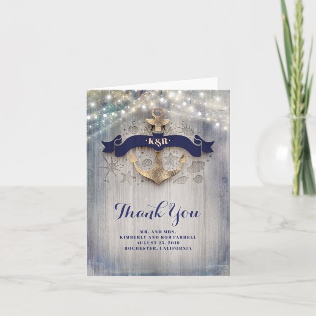 Golden Anchor Nautical Wedding Thank You (Front)