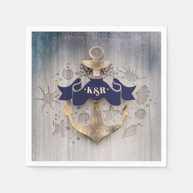 Golden Anchor Navy Blue Nautical Wedding Napkin (Front)