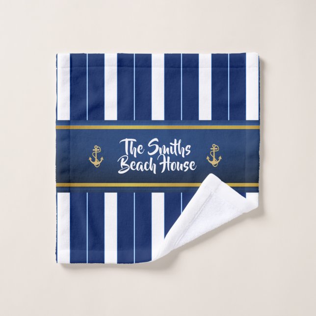 Golden Anchor on Blue Stripes Nautical Bath Towel Set (Wash Cloth)