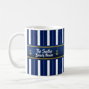 Golden Anchor on Blue Stripes Nautical Coffee Mug