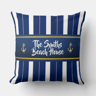 Golden Anchor on Blue Stripes Nautical Cushion