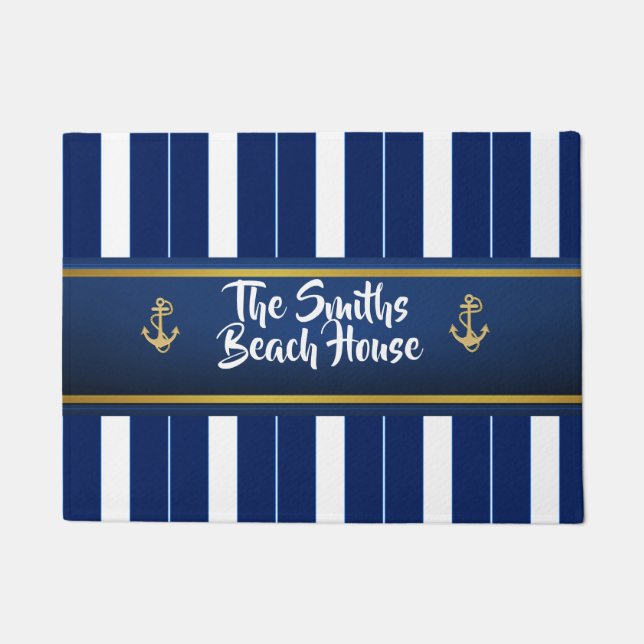 Golden Anchor on Blue Stripes Nautical Doormat (Front)