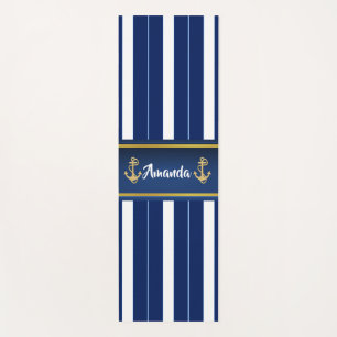 Golden Anchor on Blue Stripes Yoga Mat