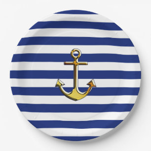Golden Anchor on Nautical Navy Blue Stripes Print Paper Plate