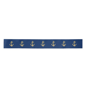 Golden Anchor on Navy Blue Nautical Satin Ribbon