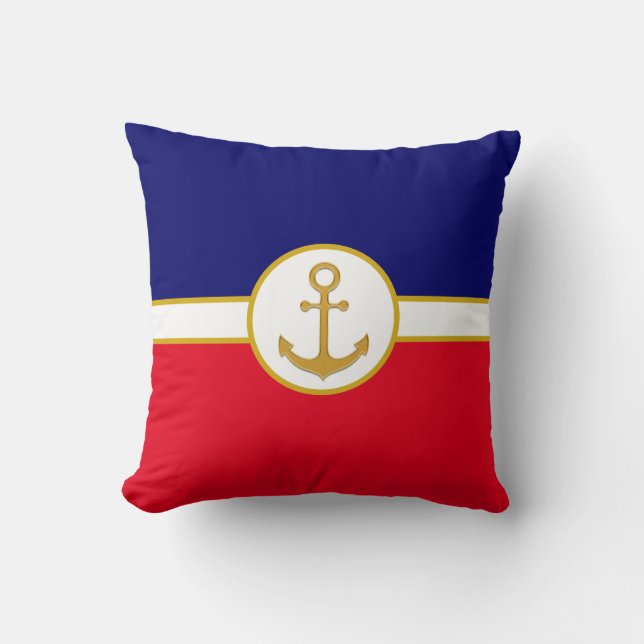 Golden Anchor on Navy Blue, Red & White Cushion (Front)