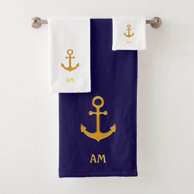 Golden anchor on navy blue & white bath towel set (Insitu)