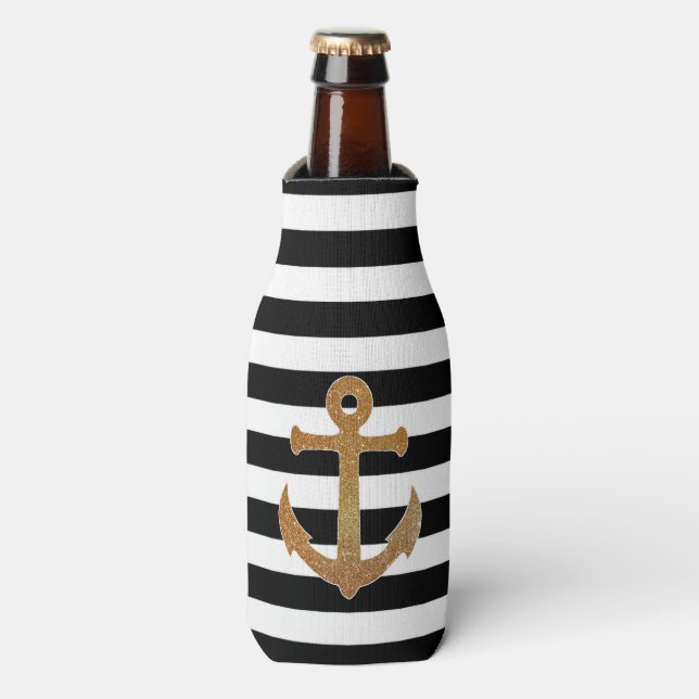 Golden Anchor on Stripes Bottle Cooler (Bottle Front)