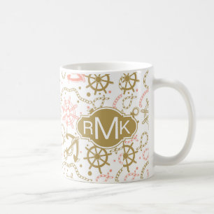 Golden Anchor Pattern Monogram Coffee Mug