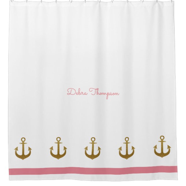 golden anchors, nautical pink & personalised shower curtain (Front)