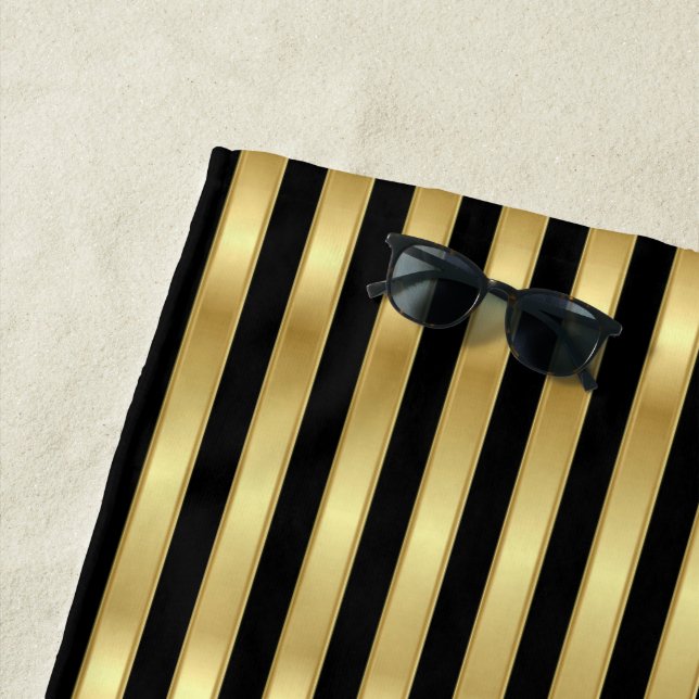 Golden and Black Elegant Stripes Beach Towel (In Situ)