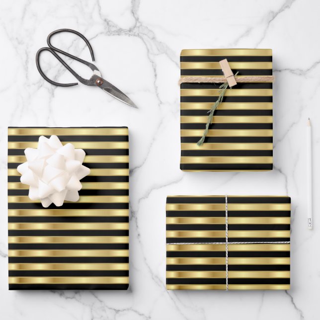 Golden and Black Elegant Stripes Wrapping Paper Sheet (Front)