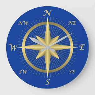 GOLDEN AND BLUE COMPASS ROSE DESIGN LARGE CLOCK