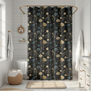 Golden And Blue Ornate Floral Bloom Pattern Shower Curtain