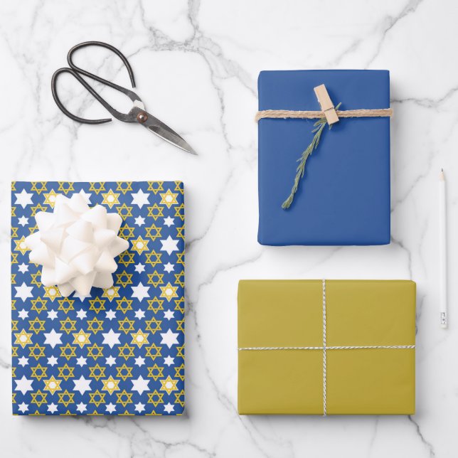 Golden and Blue Star of David Wrapping Paper Sheet (Front)