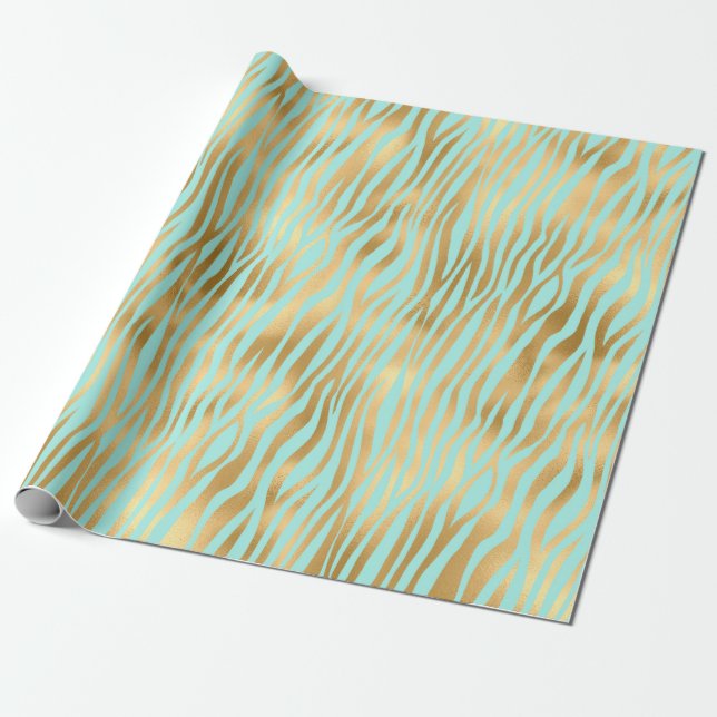Golden and Blue Zebra print Wrapping Paper (Unrolled)