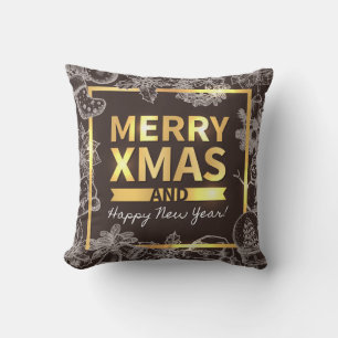 Golden and Chalk Merry Christmas Happy New Year Cushion