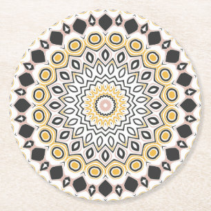 Golden and Charcoal Mandala Pattern Round Paper Coaster