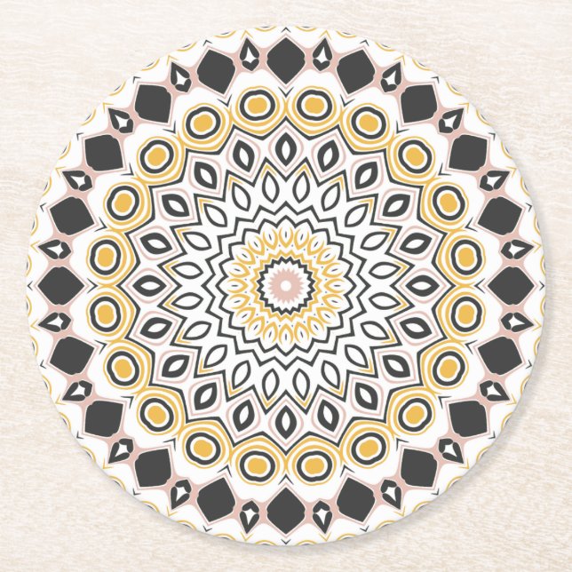 Golden and Charcoal Mandala Pattern Round Paper Coaster (Front)